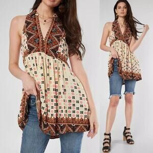 Free People Charlotte Tunic Tank Sleeveless Top Ivory Burnt Orange Size X-Small